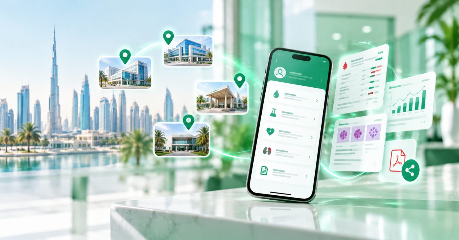 Digital lab reports on a phone with UAE clinic locations