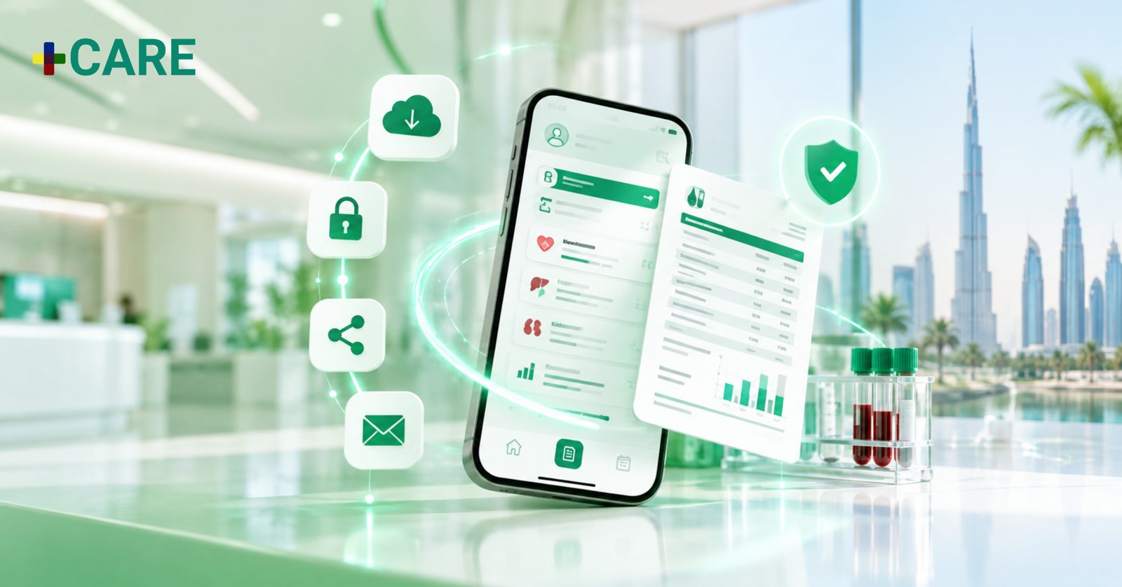 Care patient app showing online lab results UAE